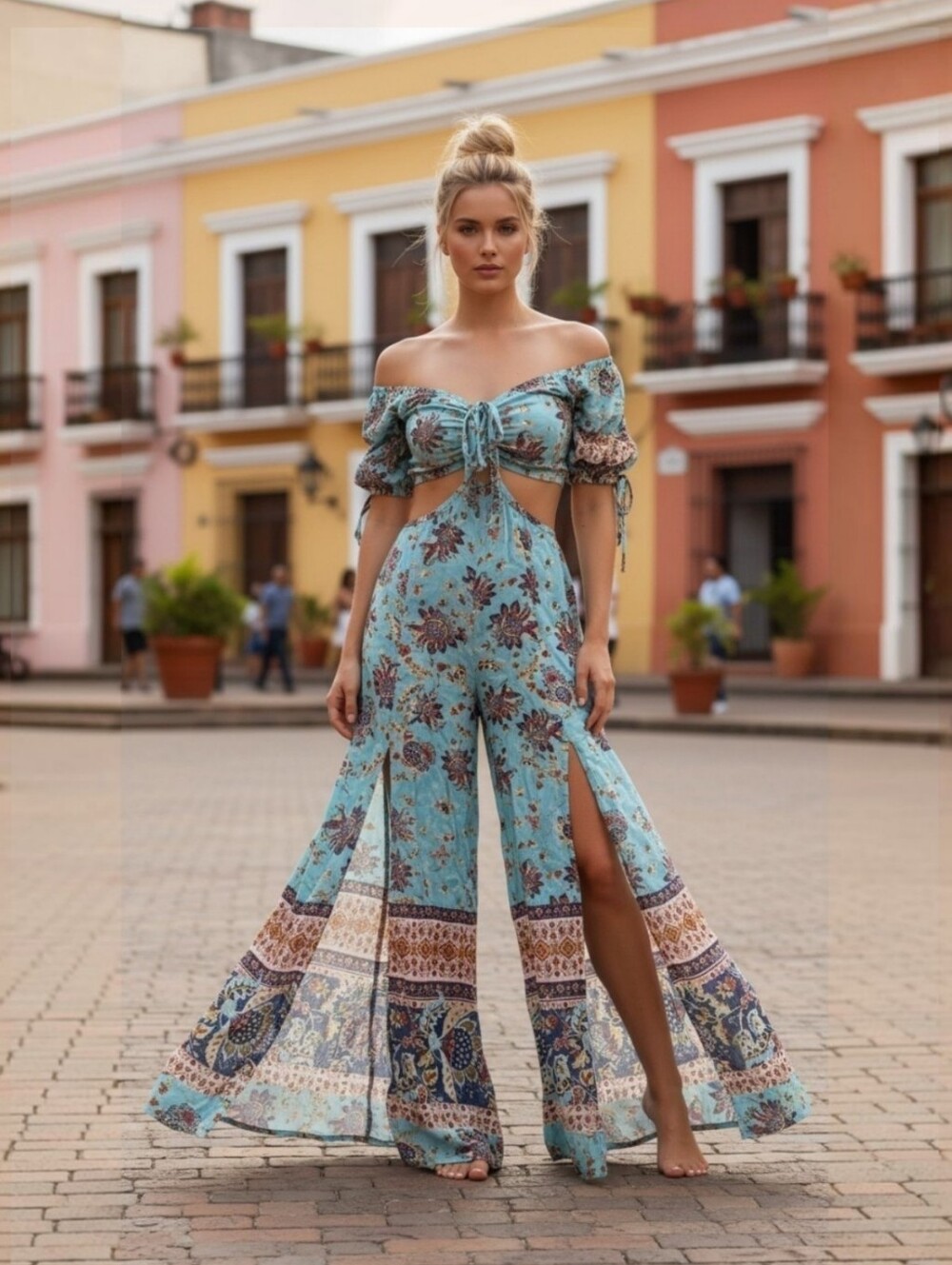 ✨️Free People Aqua Bali Citrus Skies! Floral Cutout Wide-Leg Jumpsuit With Slits